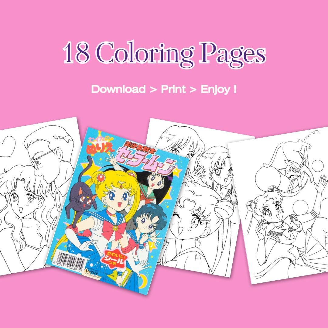Sailor Moon retro anime coloring book cover with Usagi Tsukino in magical girl transformation pose – printable digital download (JPEG)