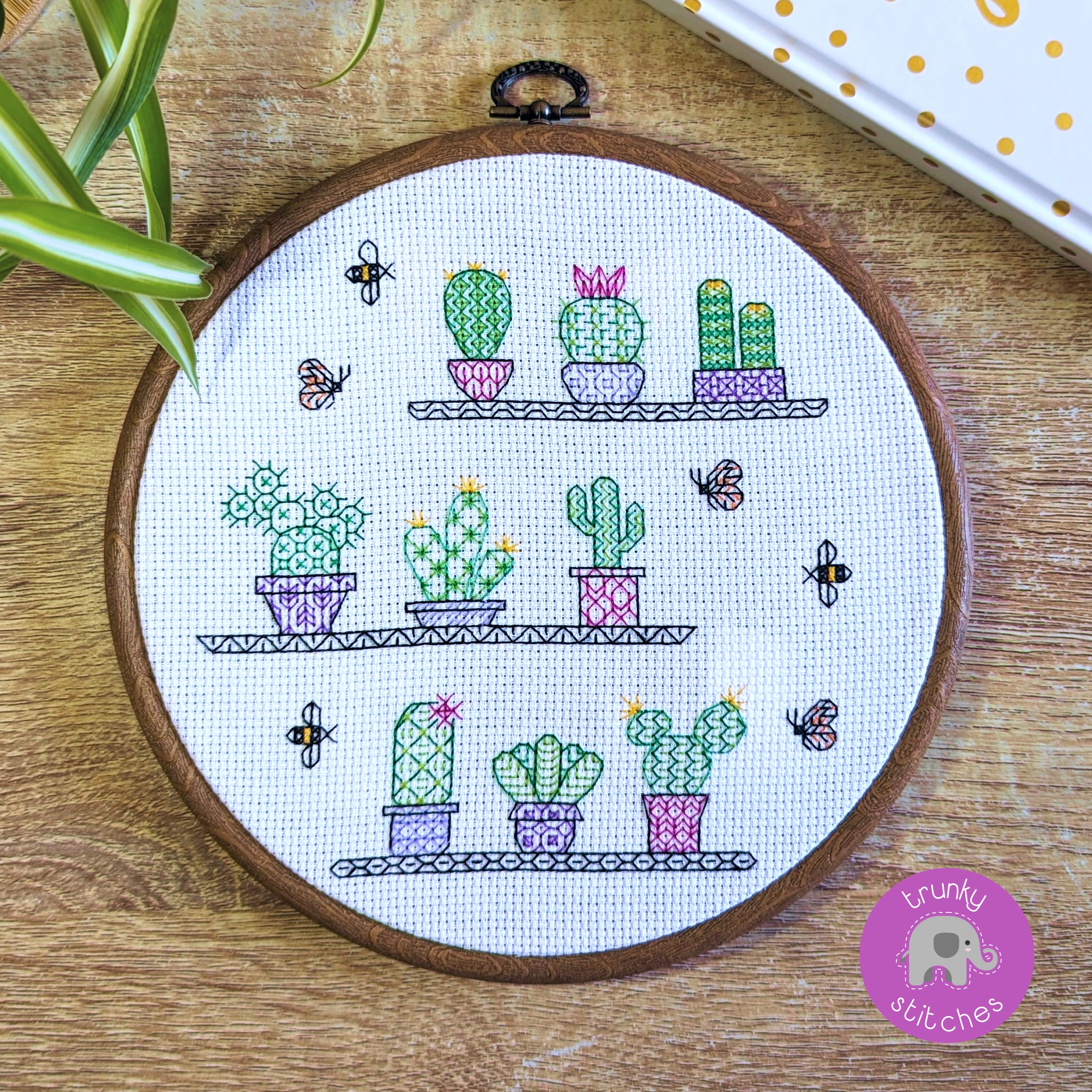 Cactus and succulents on shelves blackwork pattern