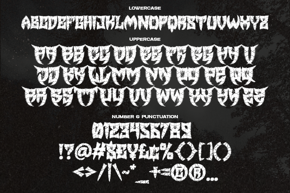 NAVOR FEAR is a fierce and electrifying death metal-inspired display font, handcrafted to embody chaos, aggression, and raw energy. Every letter is draped in razor-sharp spikes and dripping tension, making it perfect for album art, band merch, horror-them