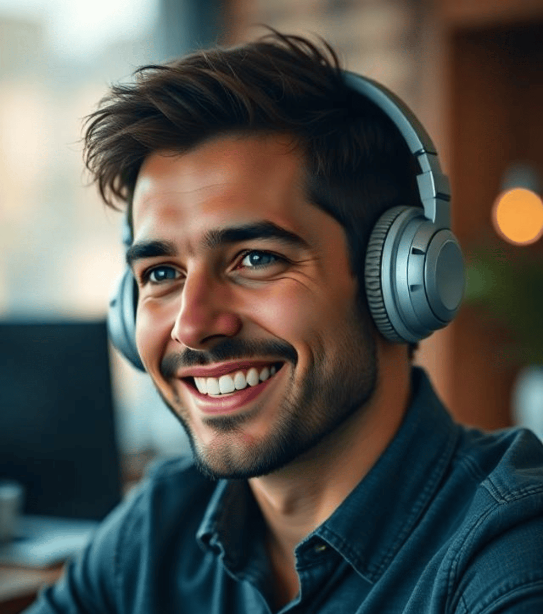 Generation Z man listening a sales audiobook to learn 2025 best sales hacks from Golden Armor by Ebooks Universales online store