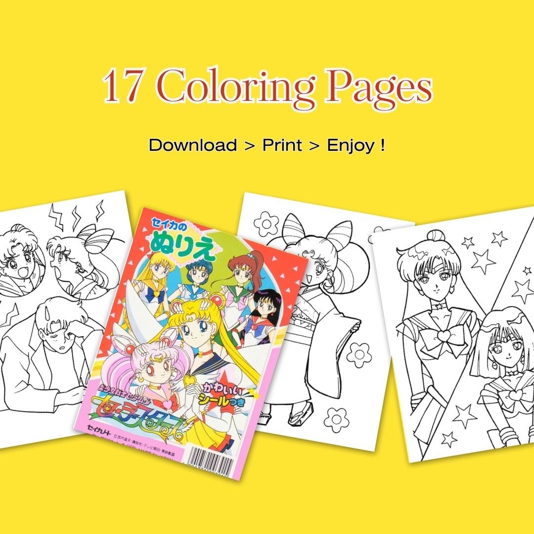 Sailor Moon group coloring book image with all five Inner Senshi – pastel nostalgic anime printable for fans