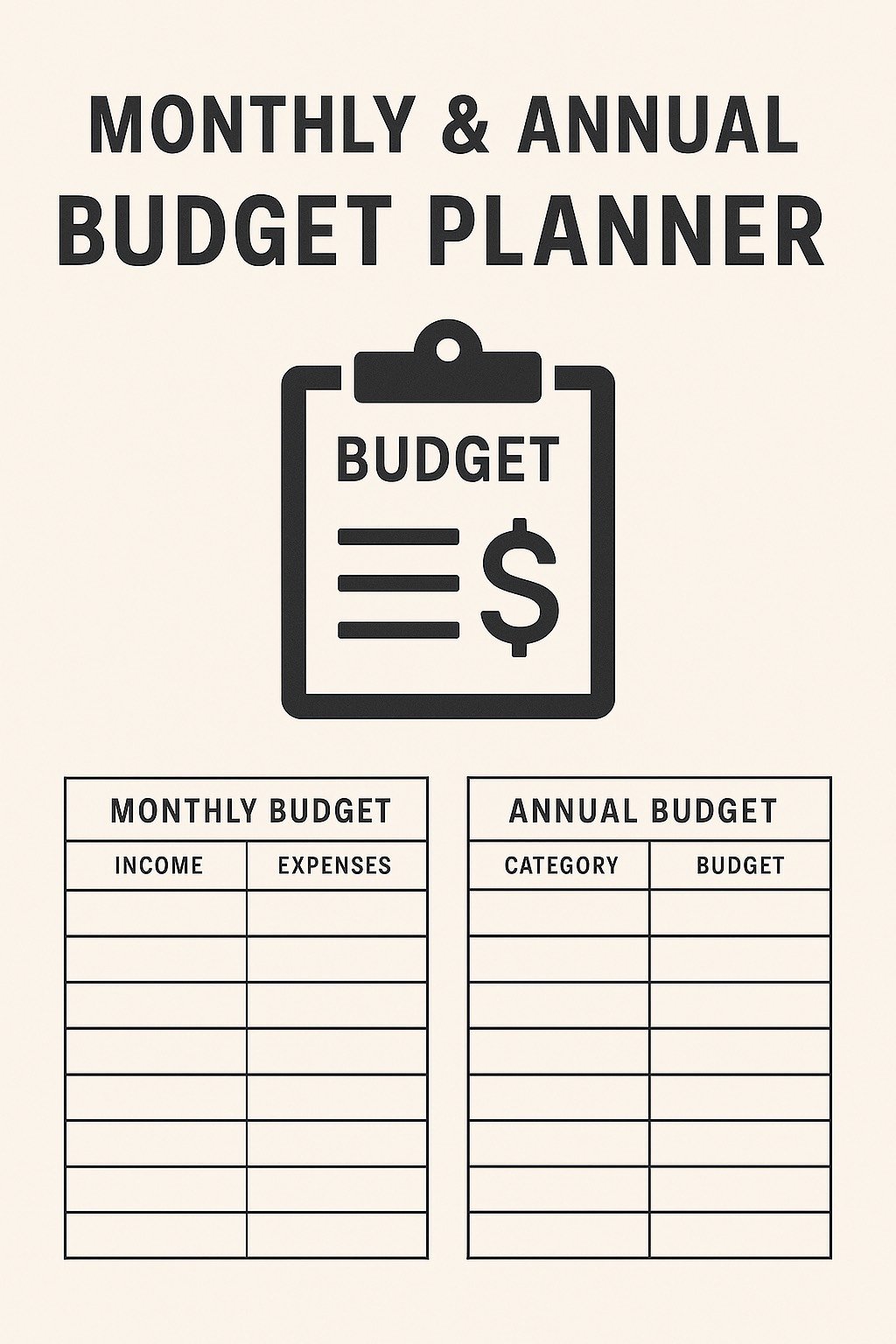 Monthly and annual budget planner template to organize income, expenses, and savings goals with a clear, year-round financial overview.