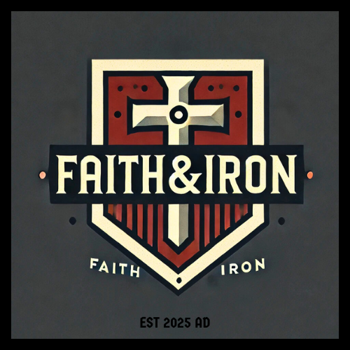 Faith and Iron logo featuring a bold medieval-style shield with a Jerusalem cross and strong typography. Represents Christian discipleship, spiritual warfare, biblical masculinity, and disciplined living. Colors: red, black, cream. Established 2025 AD.