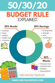 A sleek infographic showing the "Budget Rule" — with a pie chart or clear sections dividing income into 50% Needs, 30% Wants, and 20% Savings/Debt Repayment. The design uses calm, trustworthy colors like blue and green, symbolizing financial balance, plan