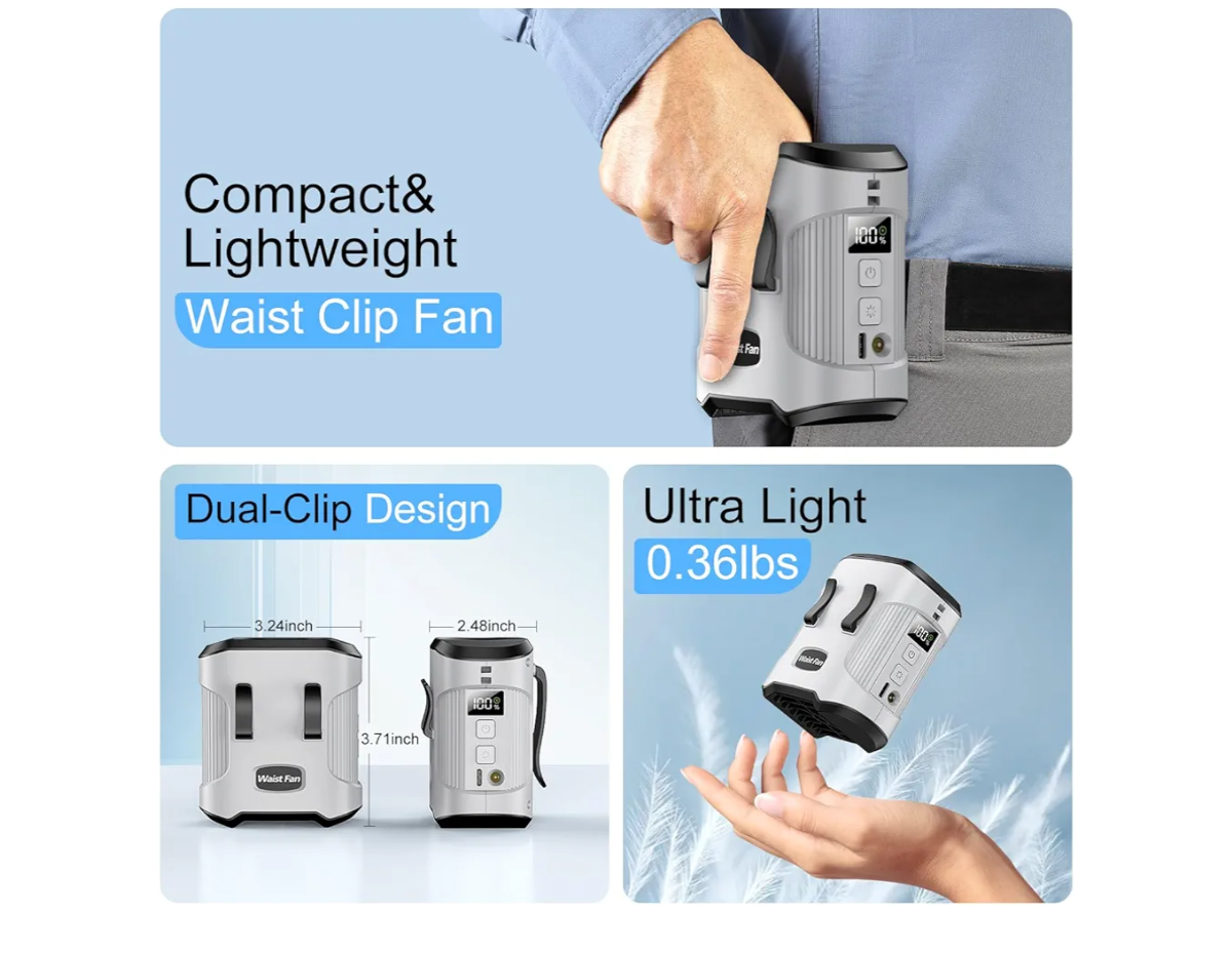 Portable Waist Fan Clip on Belt Personal Fan, 3-Speed Rechargeable with ...
