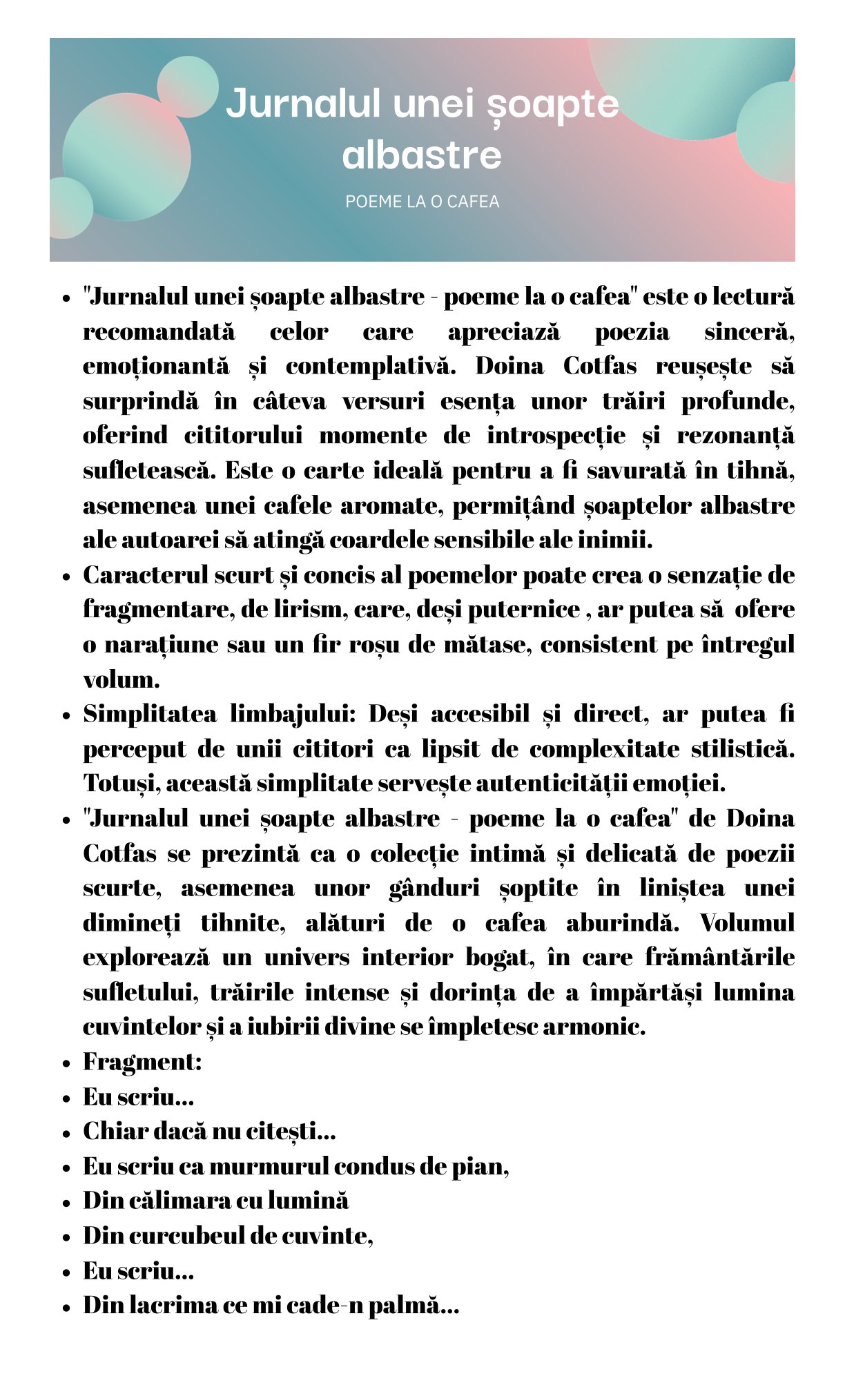 Doina Cotfas Jurnalul unei șoapte albastre-poeme la o cafea