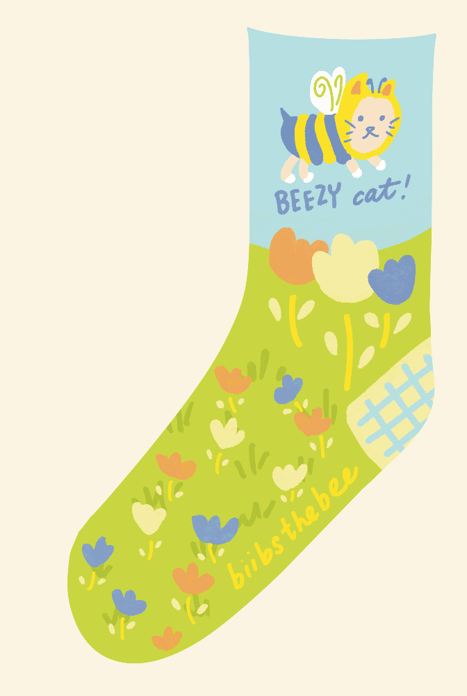 sock digital illustration, bee, busy cat, picnic, design