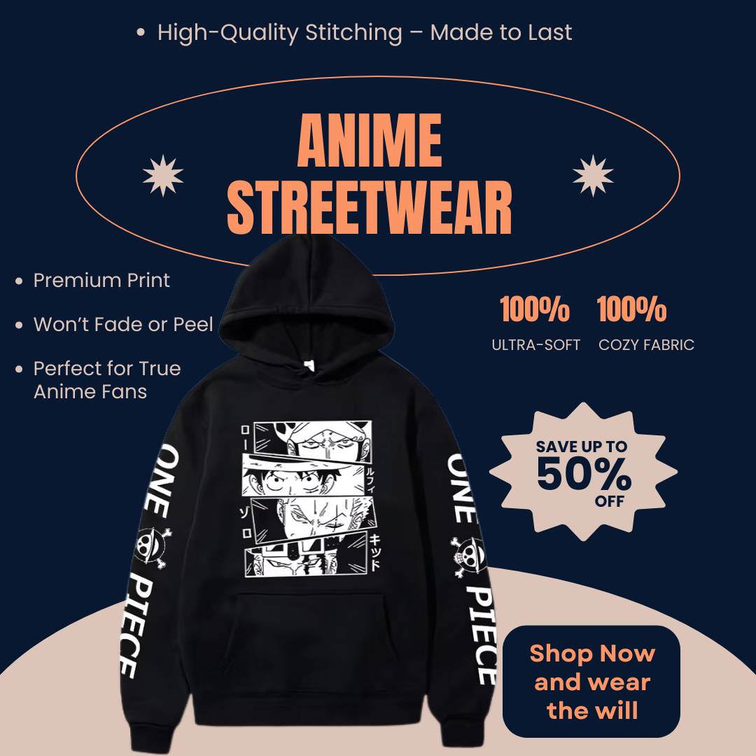 "Black One Piece sweatshirt showcasing vivid anime characters Luffy, Zoro, Law, and Kid with durable, fade-resistant print."