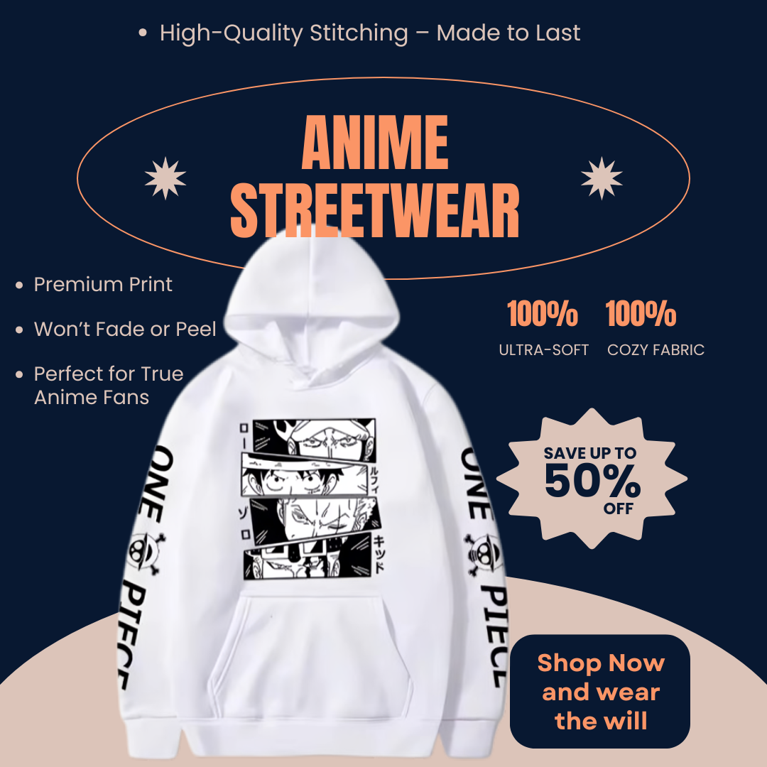"White anime hoodie inspired by One Piece, displaying Luffy, Zoro, Law, and Kid in a clean, stylish design with premium printing."