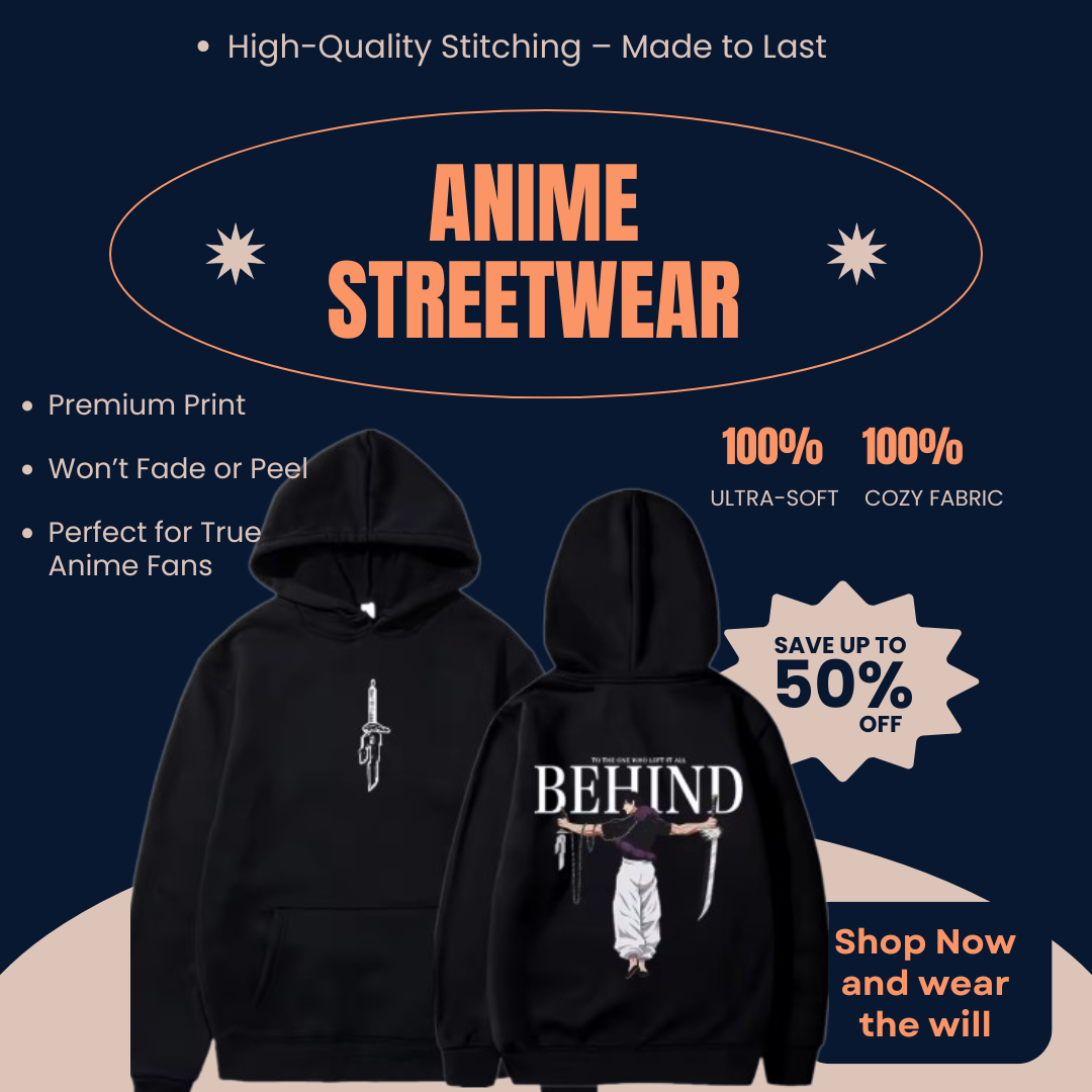 Black Toji Fushiguro Hoodie – Sleek black hoodie with powerful Toji Fushiguro illustration and BEHIND graphic, ideal for anime streetwear lovers.