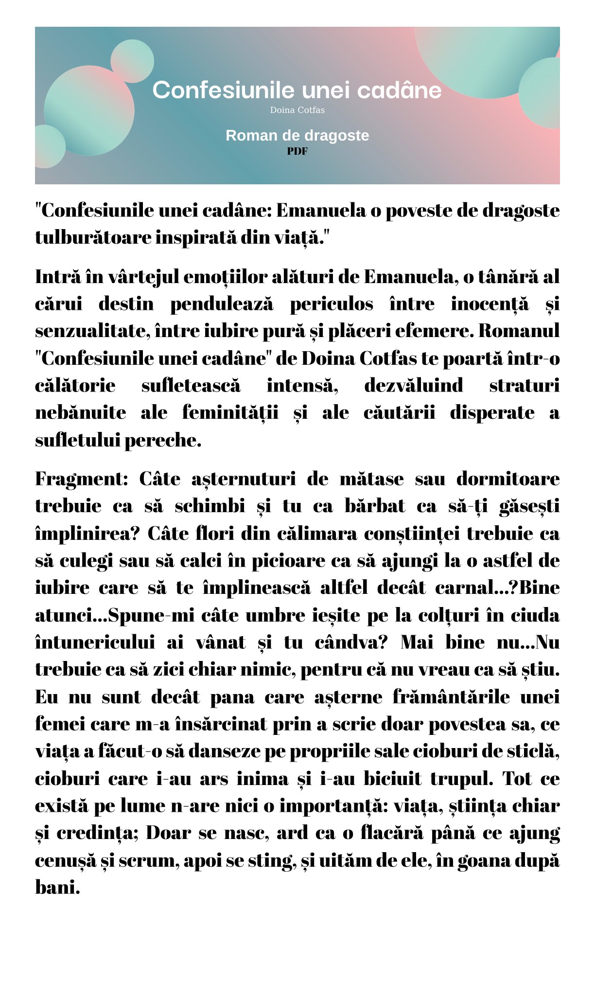 Confesiunile unei cadâne, roman de dragoste,Doina Cotfas