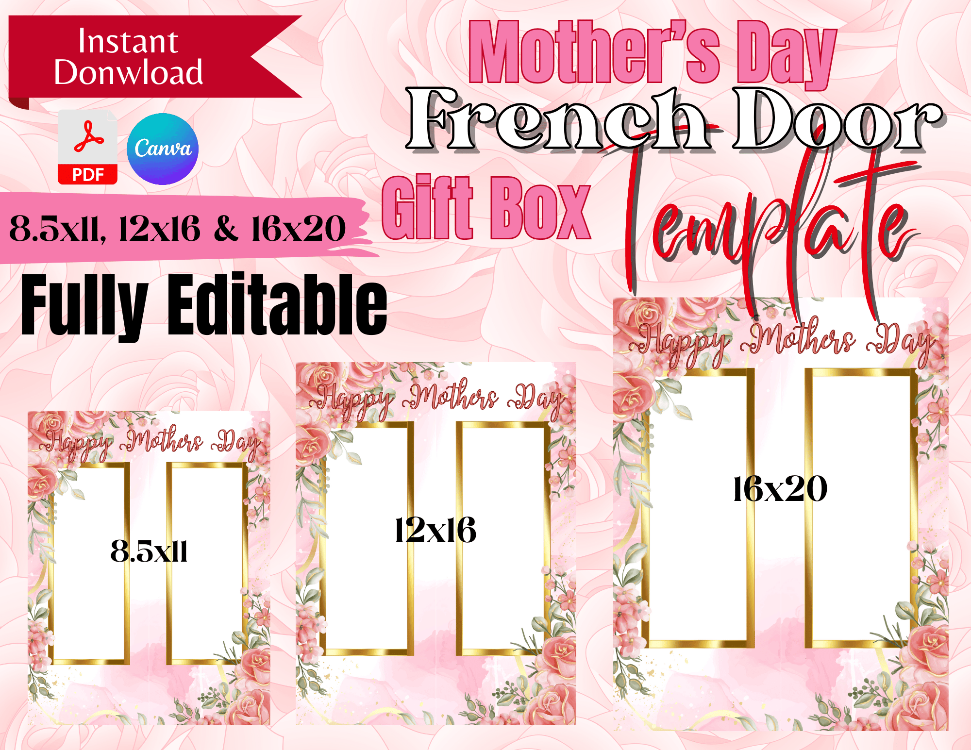 Fully Editable Pink Marble Mother’s Day French Door Gift Box Template ...