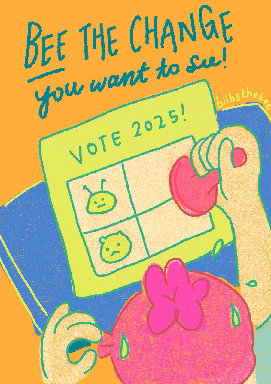 be the change you want to see, polling day 2025, digital illustration, vote bee or hamster party