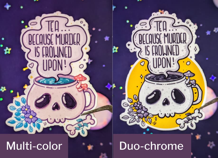 2 variations: Multi color on the left, duo-chrome (with yellow circle and black and white) on the right