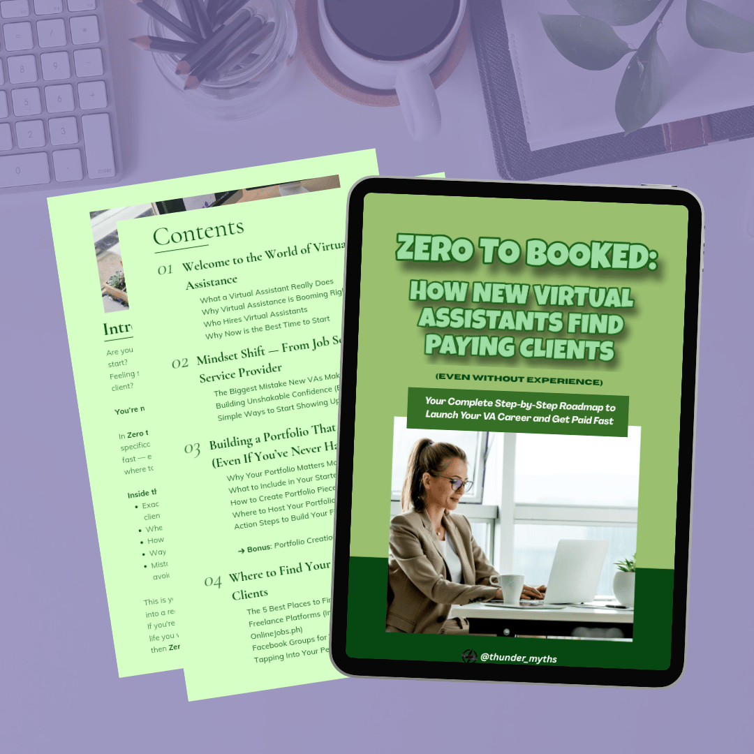 Zero to Booked ebook cover showing a modern Virtual Assistant guide for beginners learning how to land paying clients and start an online career.