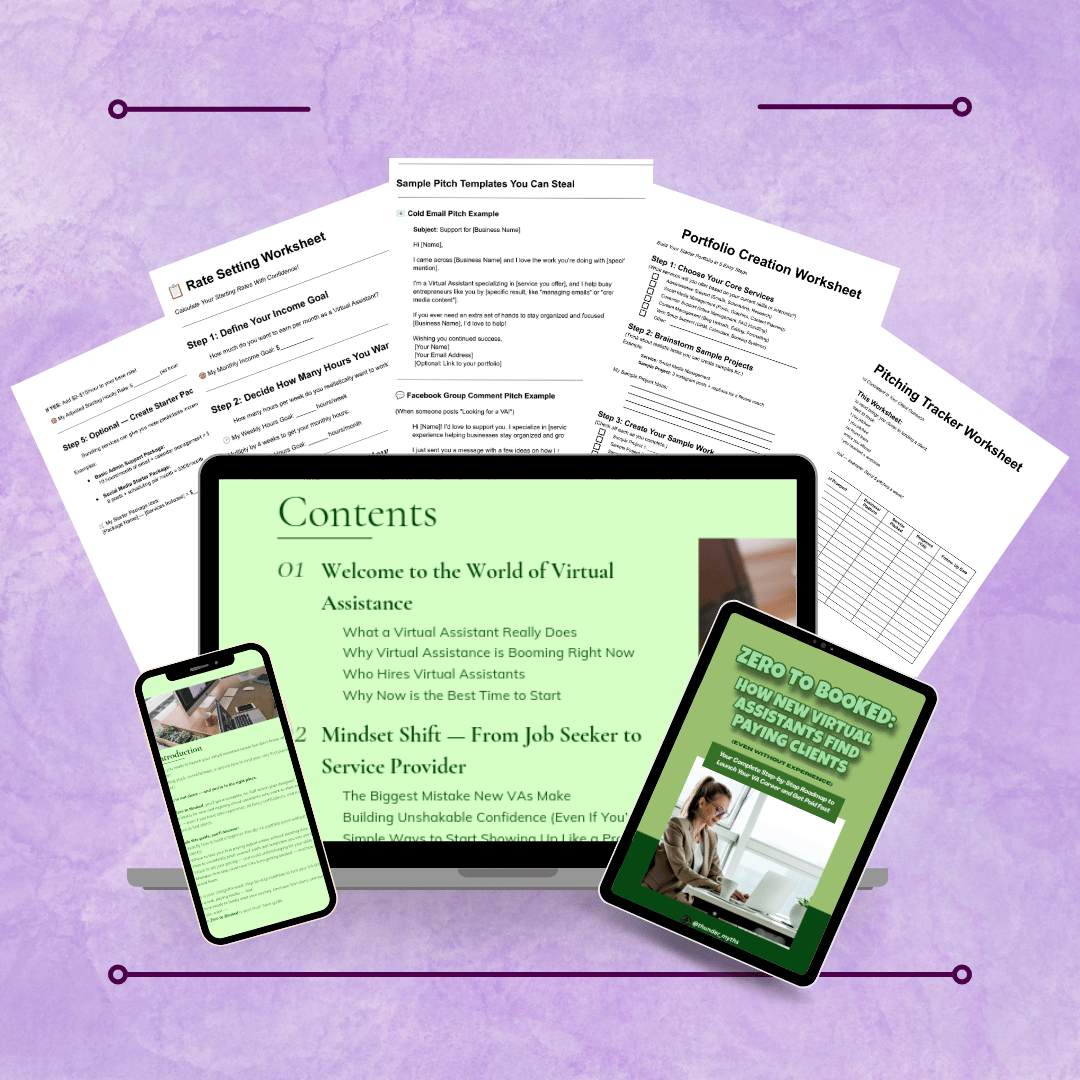 Image of bonus worksheet and client onboarding checklist included in Zero to Booked Virtual Assistant ebook package.
