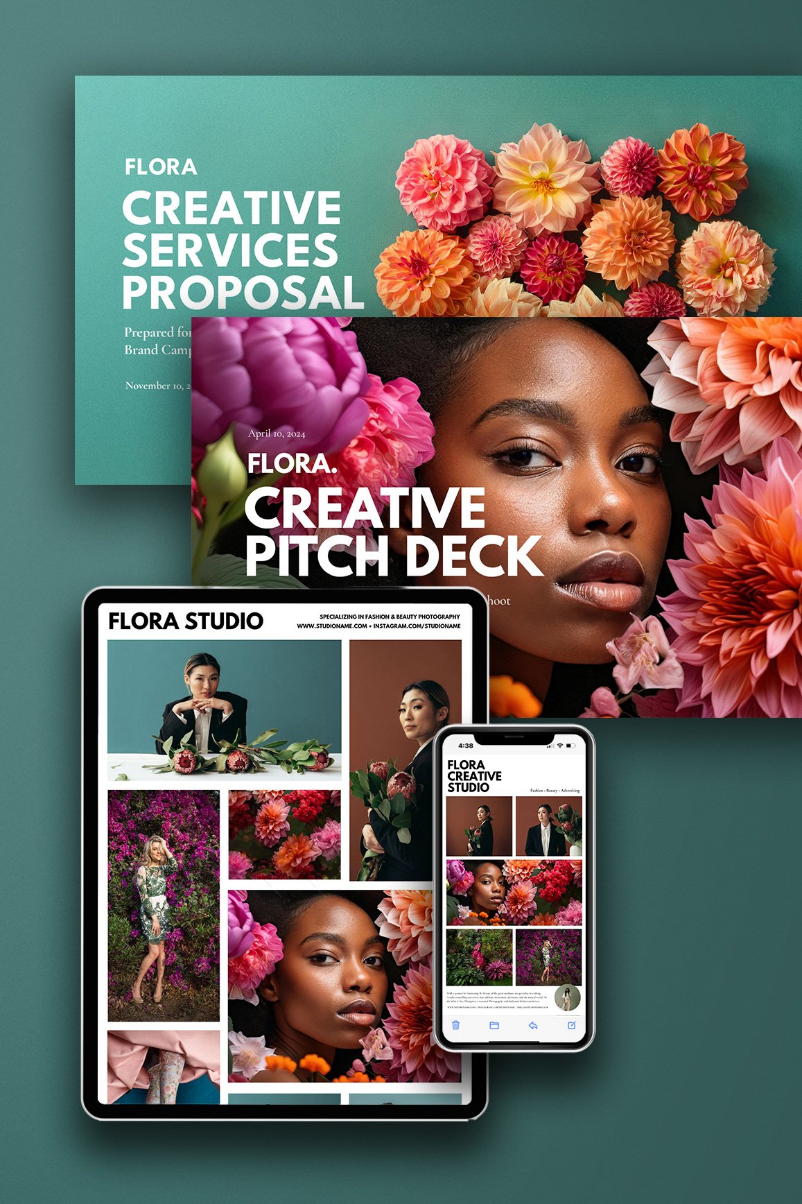A digital mockup shows a creative services proposal, a creative pitch deck, a website on a tablet, and social media on a phone, all featuring vibrant flowers and a model with floral backgrounds.