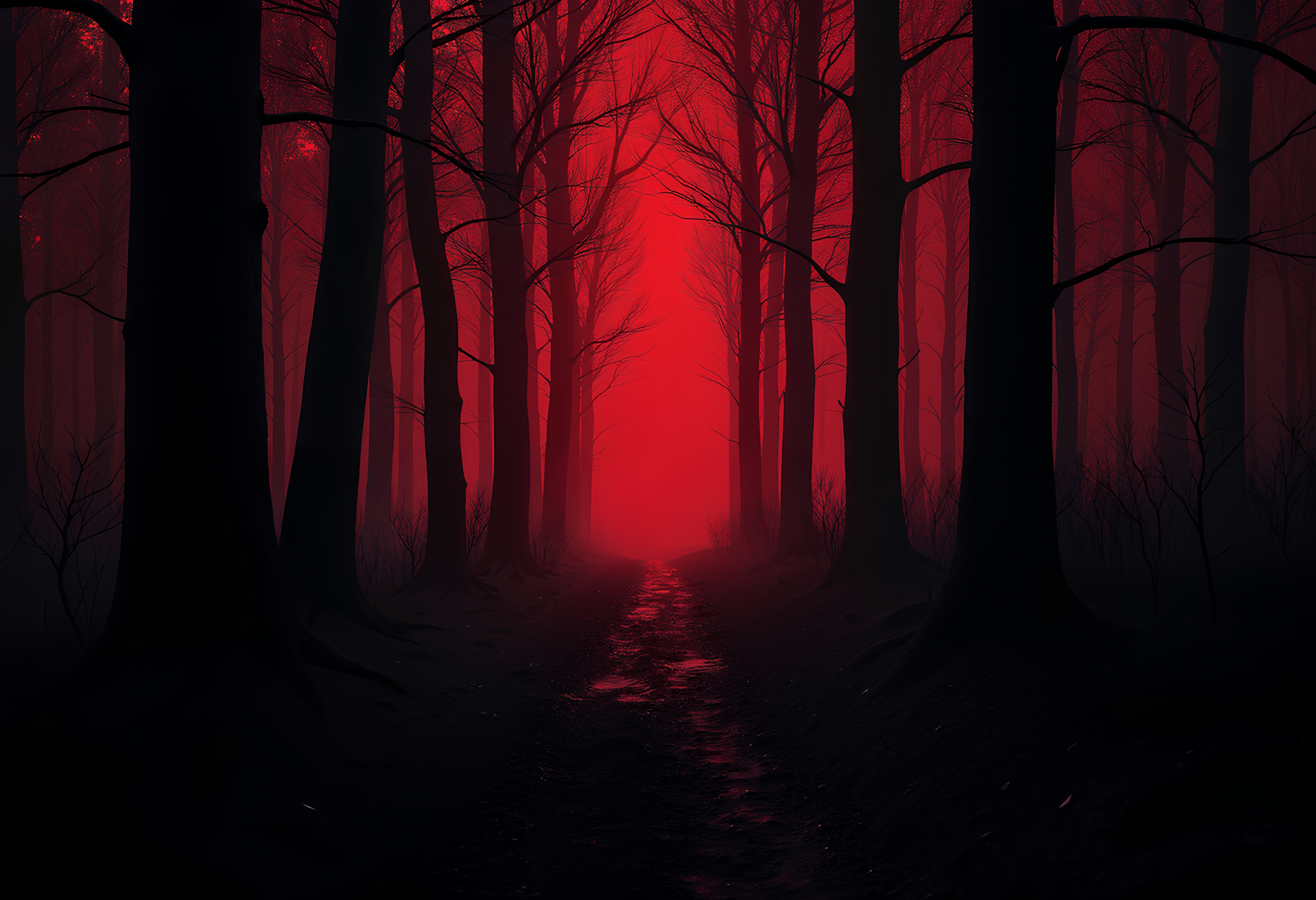 Blood mooned forest at night