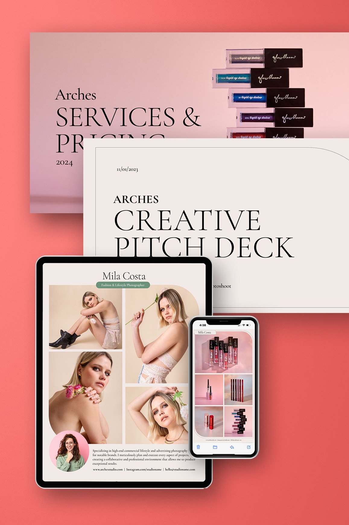 A flat lay shows digital devices and brochures on a coral background, featuring a services and pricing booklet, a creative pitch deck, a tablet displaying a model, and a phone with a makeup product grid.