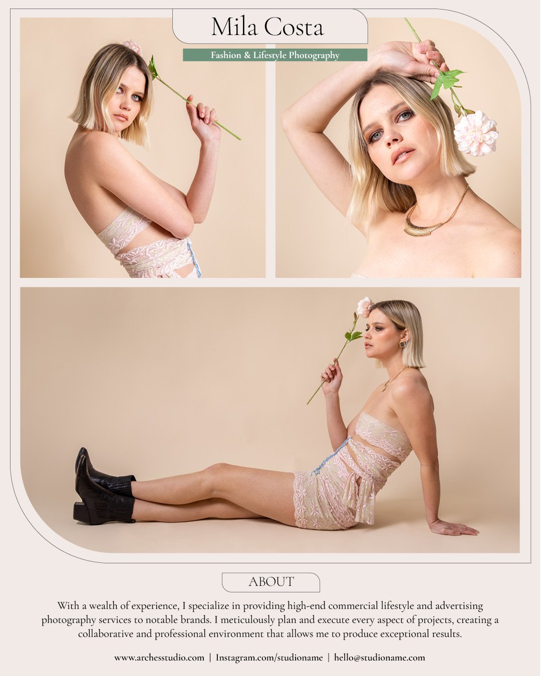 A woman with blonde hair poses with a white flower in three different positions against a neutral background, wearing a light crop top and skirt with black boots. The text introduces Mila Costa, a fashion and lifestyle photographer.
