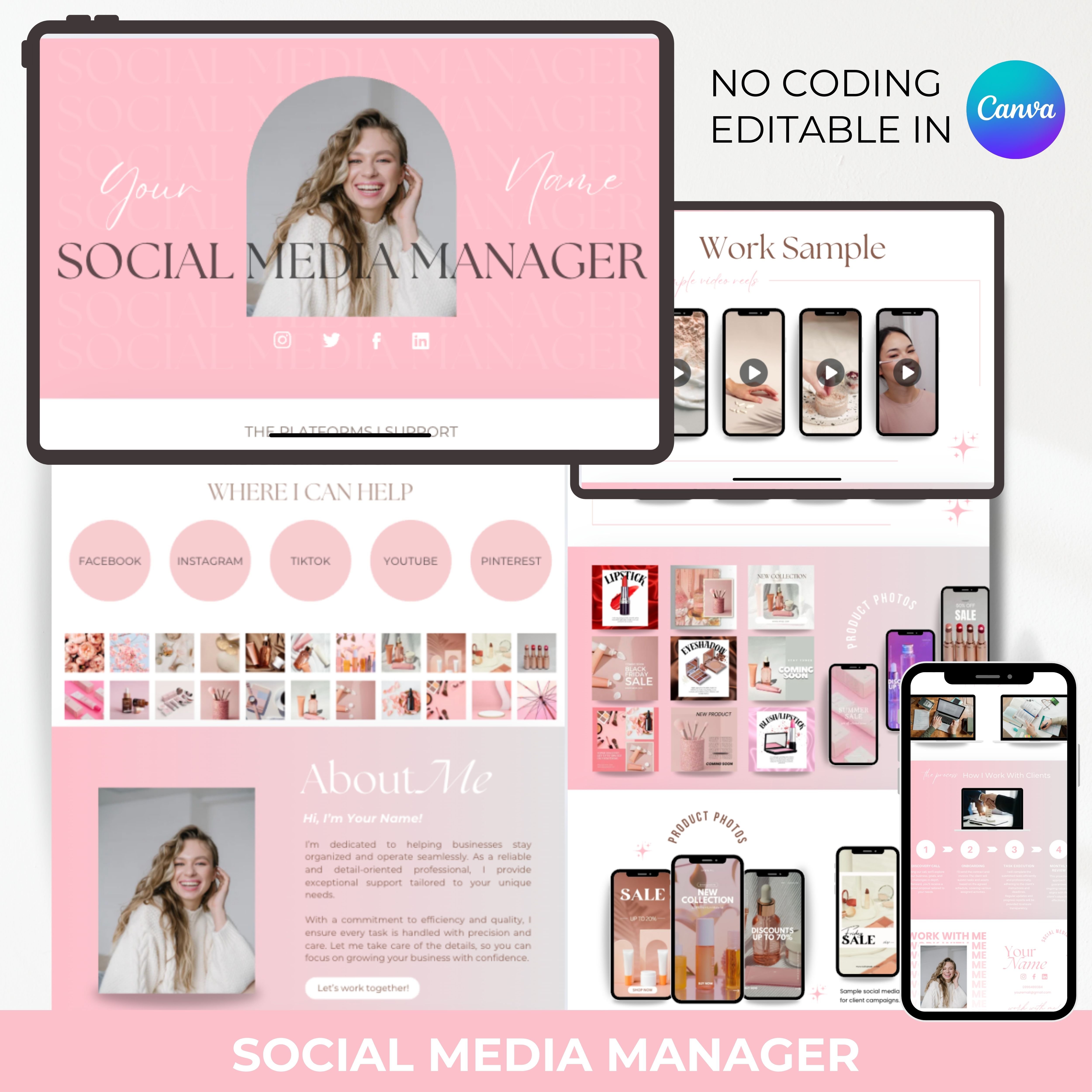Pink Social Media Manager Portfolio Website Editable Canva Website for ...