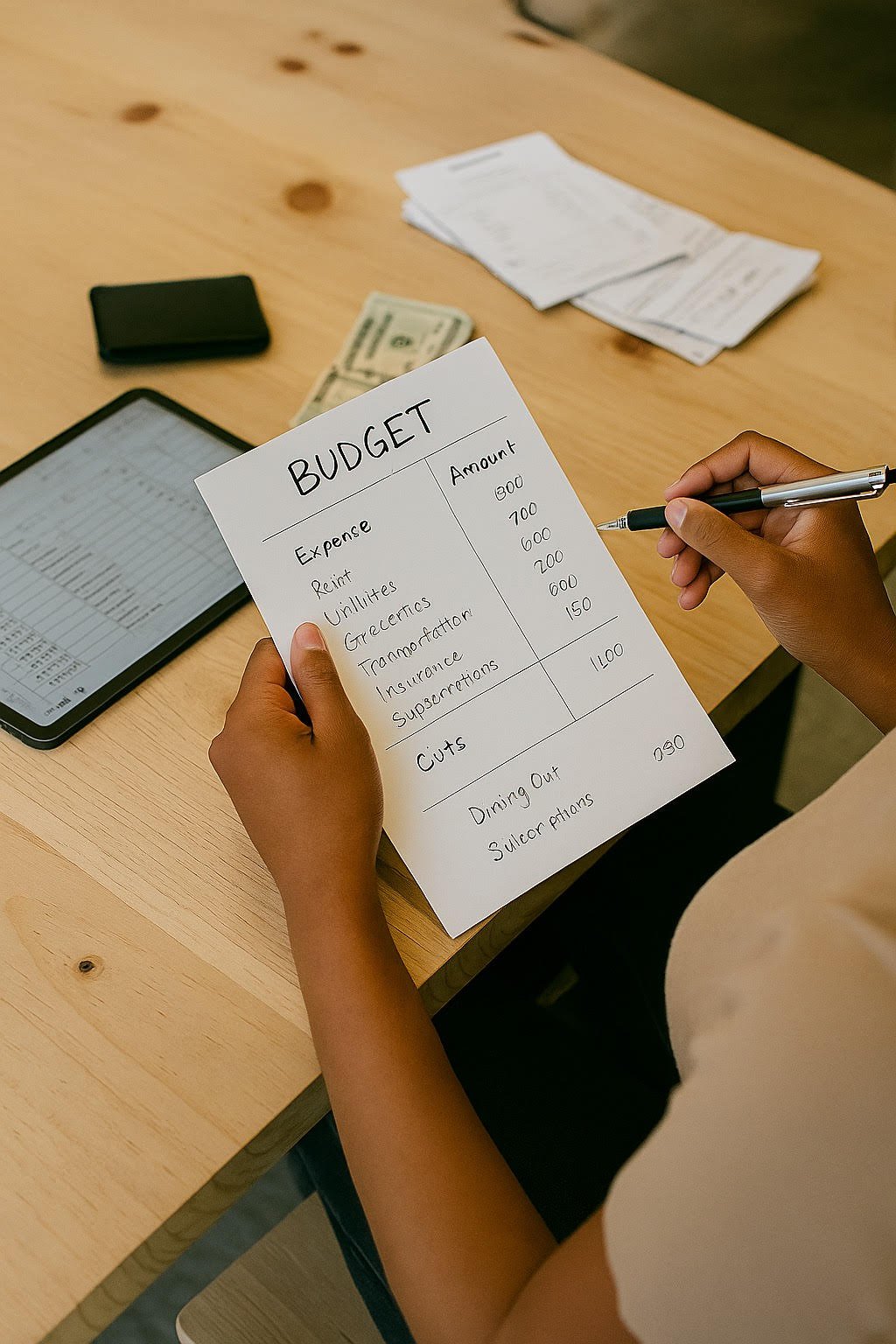 Close-up of a person using a digital tablet to track monthly expenses in an office setting, with a detailed budget spreadsheet on screen and natural light coming through nearby windows.