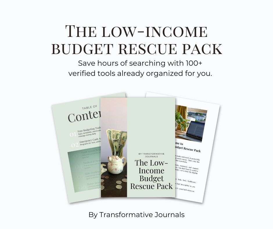 Low-Income Budget Rescue Pack mockup showing the guide cover, table of contents, and welcome page with 100+ organized tools for budgeting, emergency relief, and support