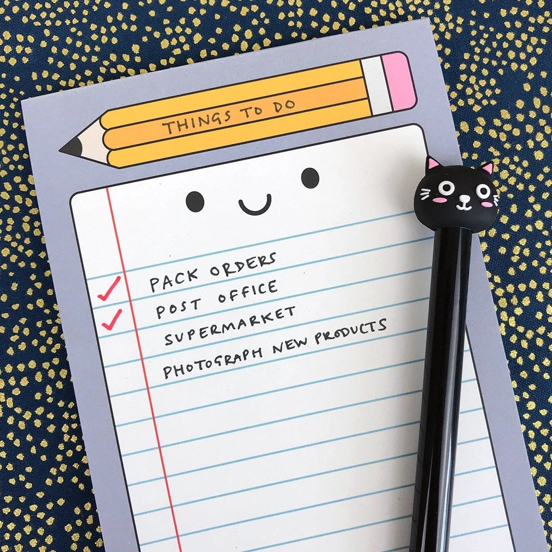 “Happy Stationery kawaii notepad – cute A6 memo pad with pastel colours and adorable characters for notes and lists.