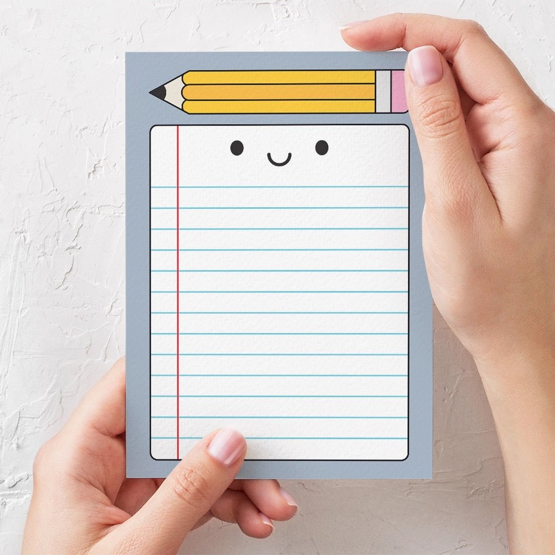 “Happy Stationery kawaii notepad – cute A6 memo pad with pastel colours and adorable characters for notes and lists.