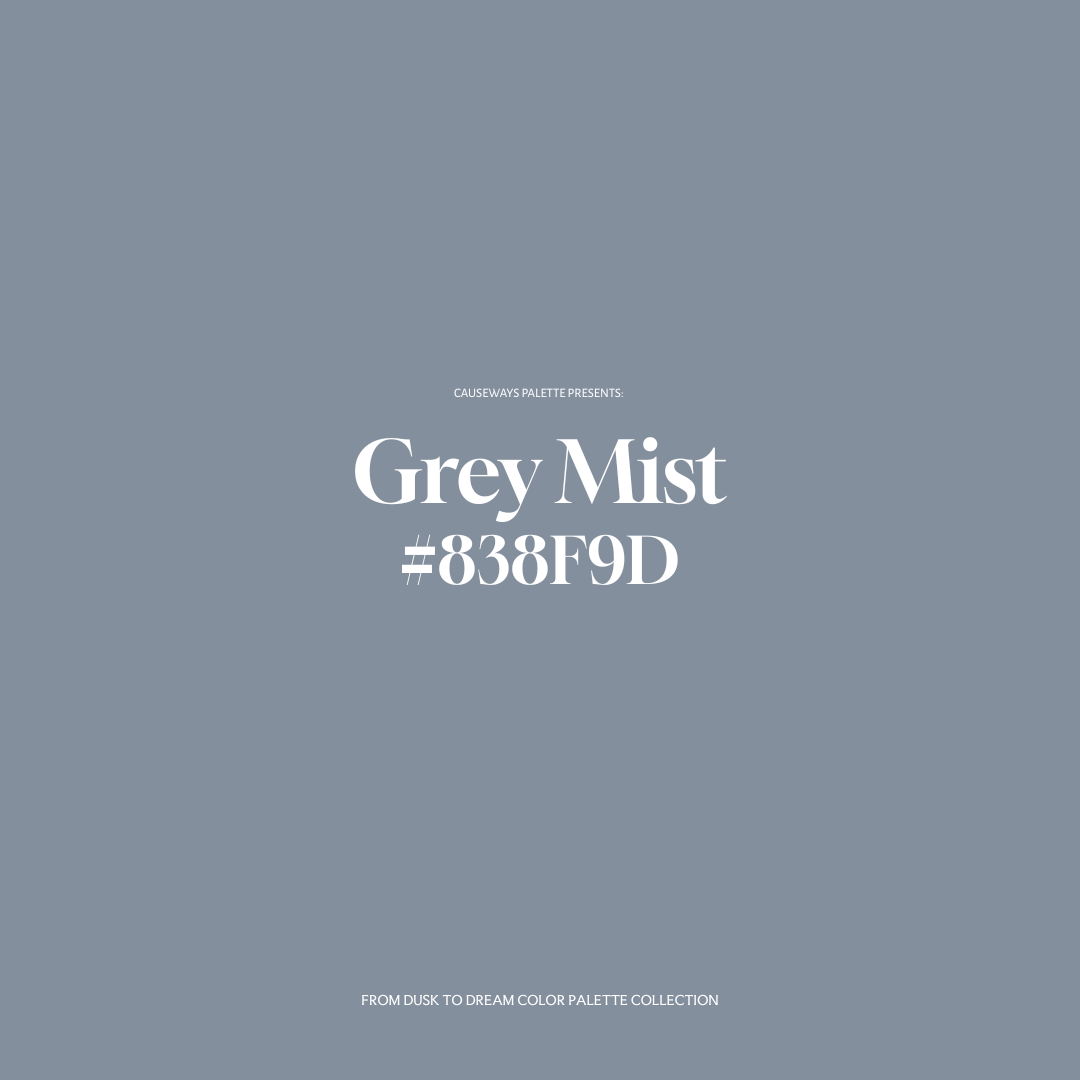 Cool blue-gray color swatch with the name “Grey Mist” and hex code #838F9D from the From Dusk to Dream collection by Causeways Palette.