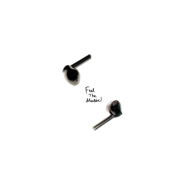 Wireless earphone isolated on white background with handdrawn quote feel the music