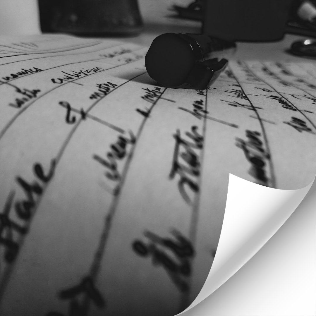 writing in a notebook in black and white.  a black pen rests on the page
