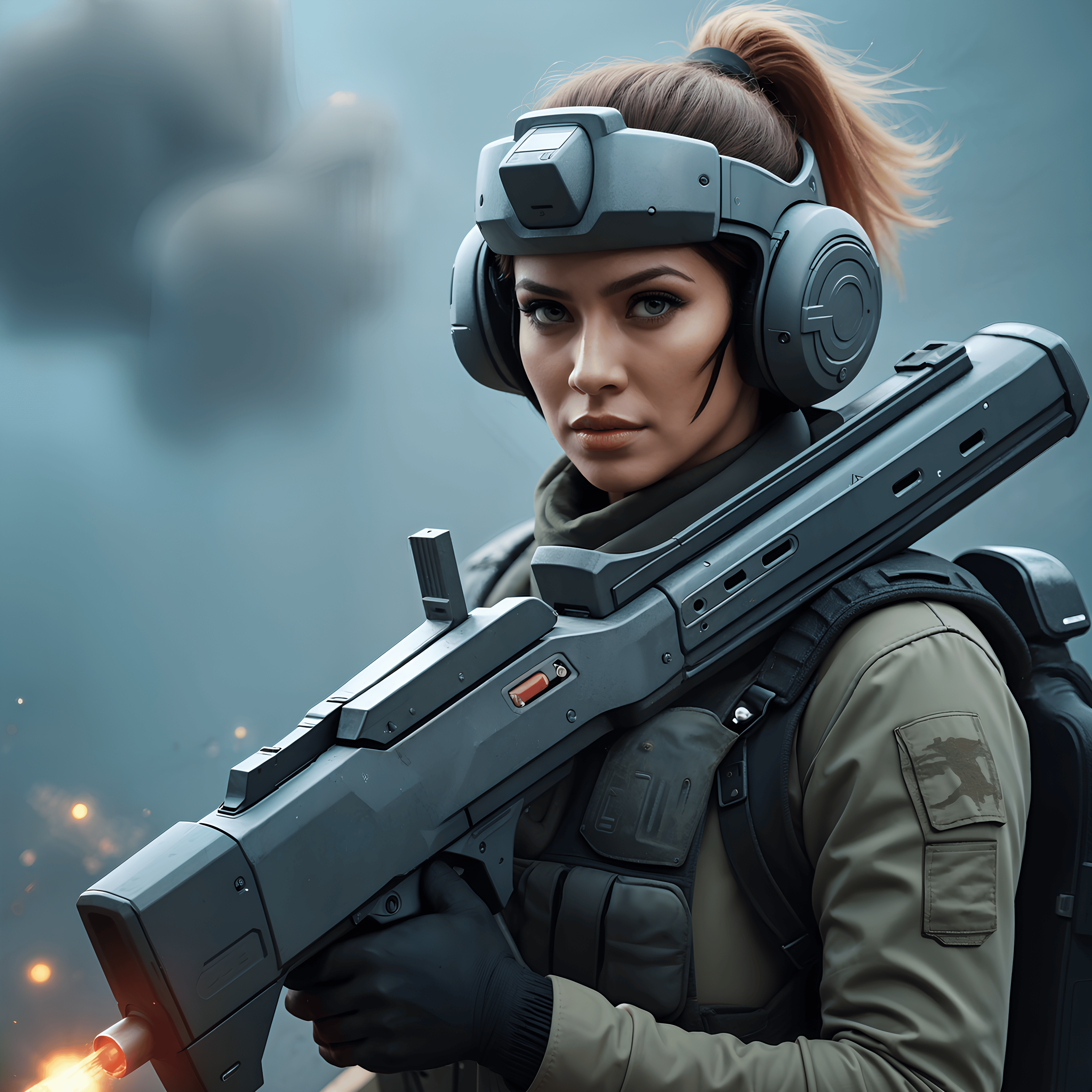 American female soldier in the mist of combat