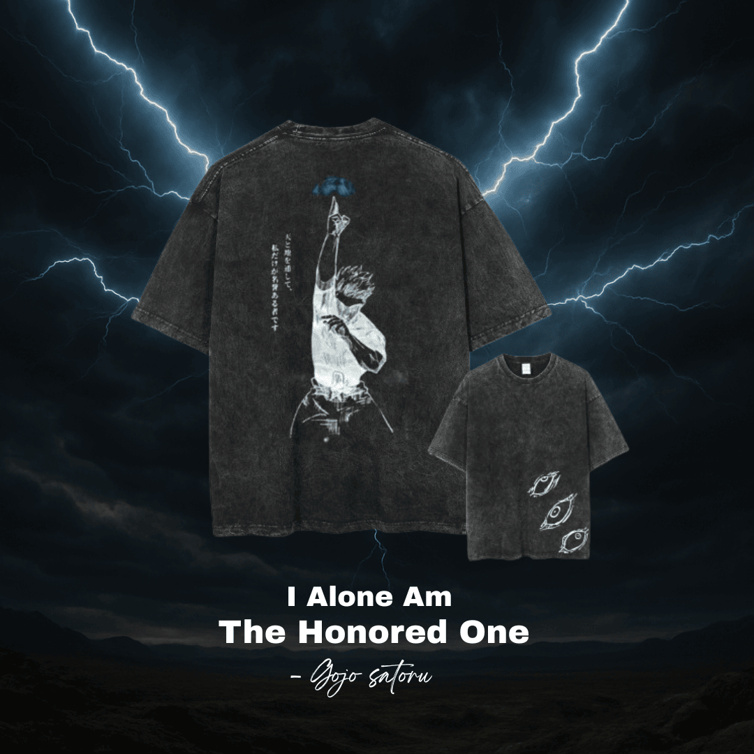 alt="Front and back view of Gojo Satoru Jujutsu Kaisen oversized unisex T-shirt – anime streetwear in washed cotton"