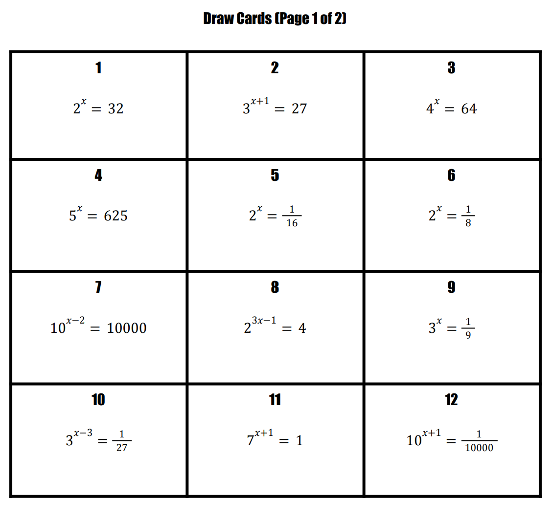MATH BINGO_Solving Exponential Equations (No Logs)