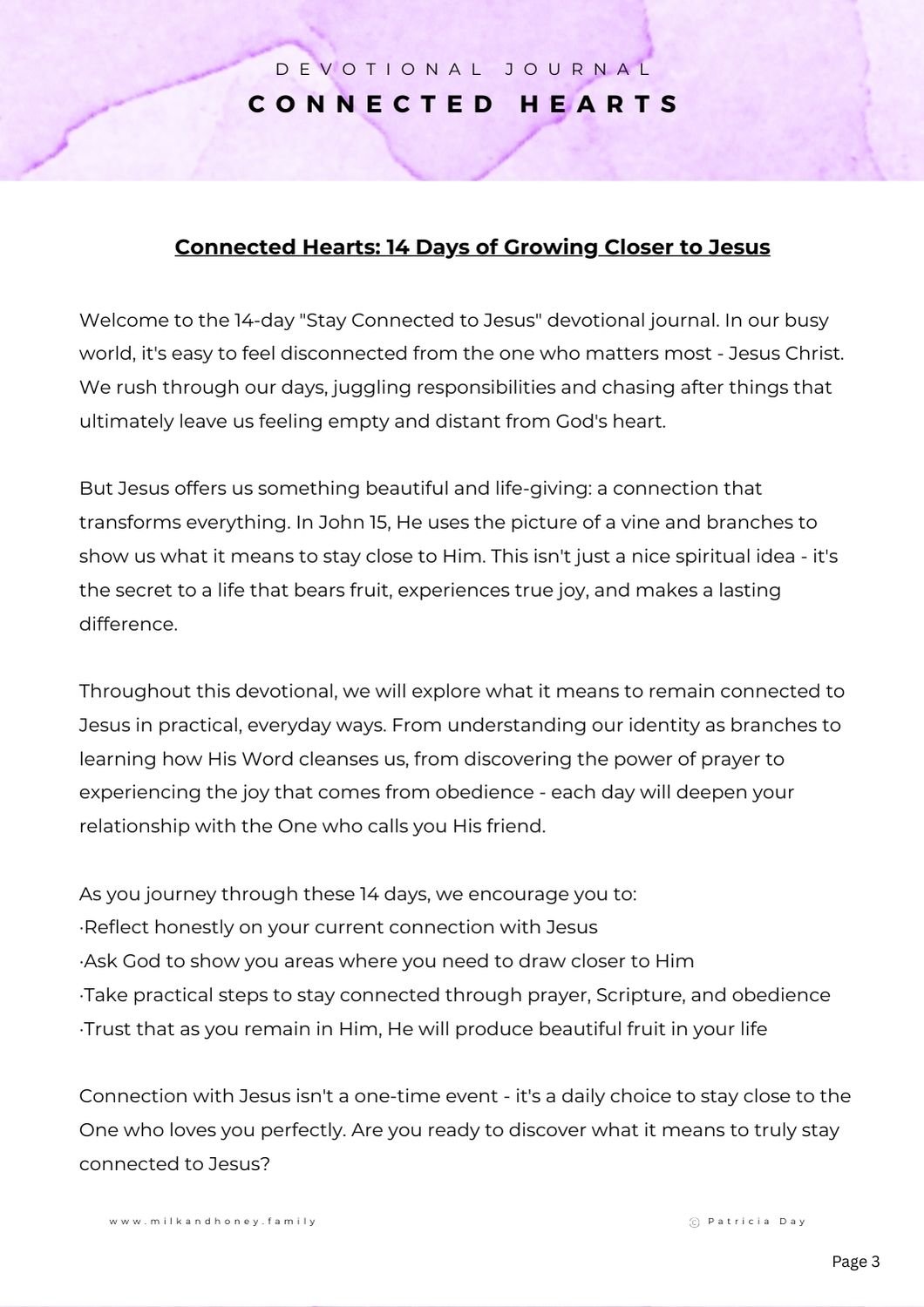 Connected Hearts Devotional Example Page