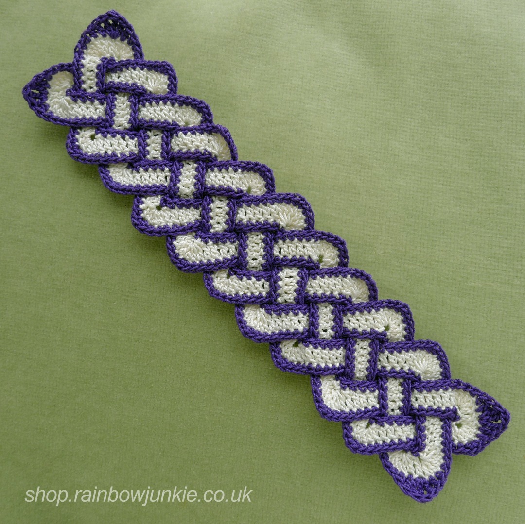 White crochet Celtic Bookmark with purple edging made in #10 cotton thread
