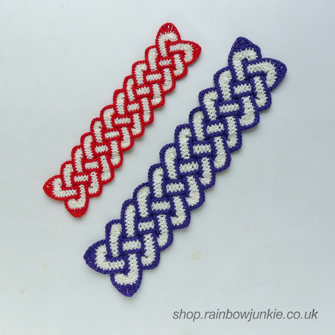 Two crochet Celtic Bookmarks, one made in #10 crochet thread and one in #20.