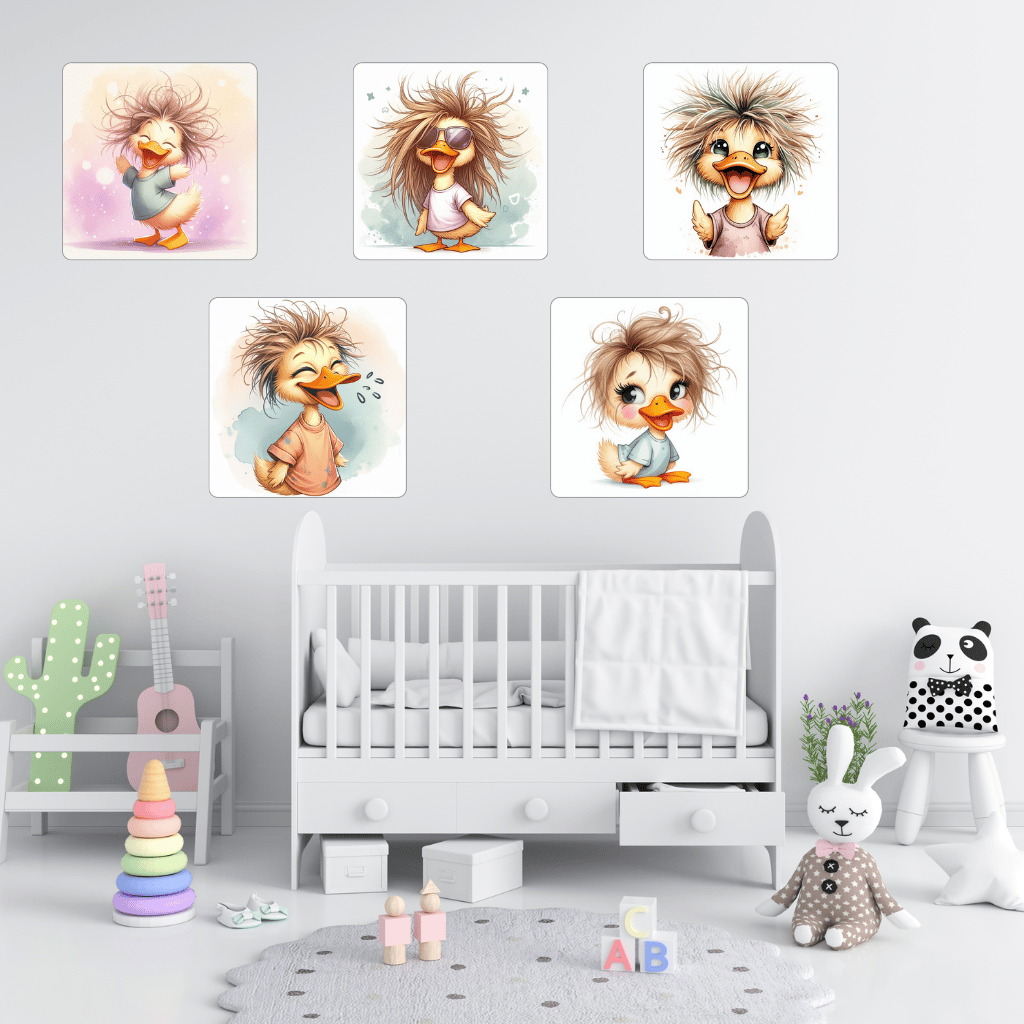 Cute duckling Funny duck cartoon Duck with spiky hair Smiling duck illustration Duck wearing t-shirt Adorable animal art Humorous duck design,Duck wearing t-shirt Adorable animal art Humorous duck design Playful duck character Kids room decor duck Animal 