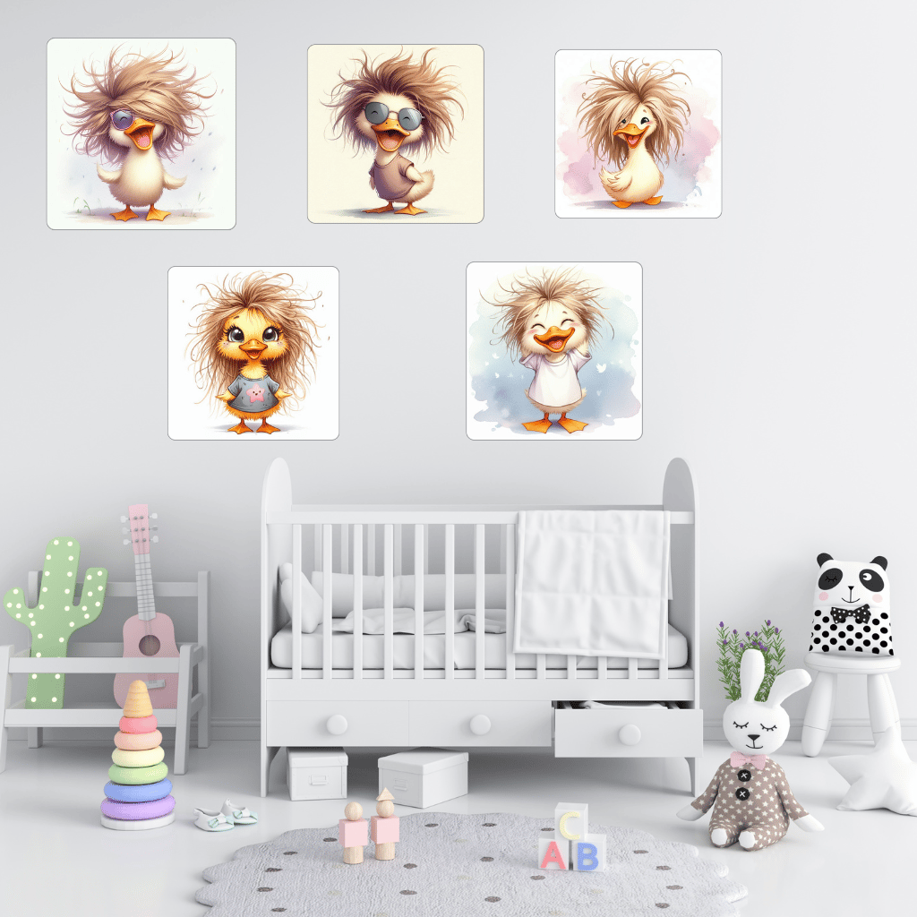 Cute duckling Funny duck cartoon Duck with spiky hair Smiling duck illustration Duck wearing t-shirt Adorable animal art Humorous duck design,Duck wearing t-shirt Adorable animal art Humorous duck design Playful duck character Kids room decor duck Animal 