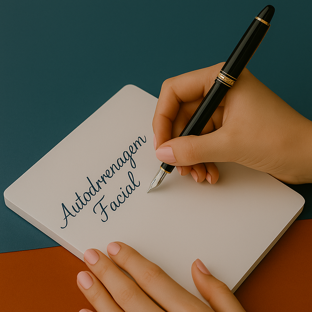 Livro de Autodrenagem Facial escrito por Gabriela de Lacerda, com caneta Montblanc em fundo acolhedor — símbolo de bem-estar, autonomia e cuidado com o rosto.