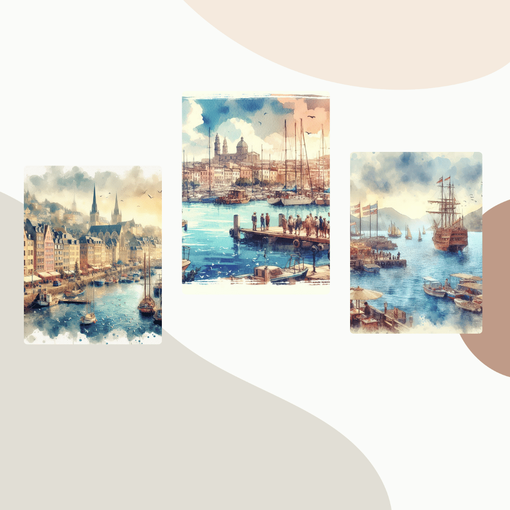 18th Century Port 19th Century Harbor Italian Port Watercolor Historic Ships Art Vintage Maritime Painting Mediterranean Seascape Old Italian Cityscape Watercolor Ships Illustration Nautical Wall Art Historical Seaport Print Classic Harbor Scene Antique M