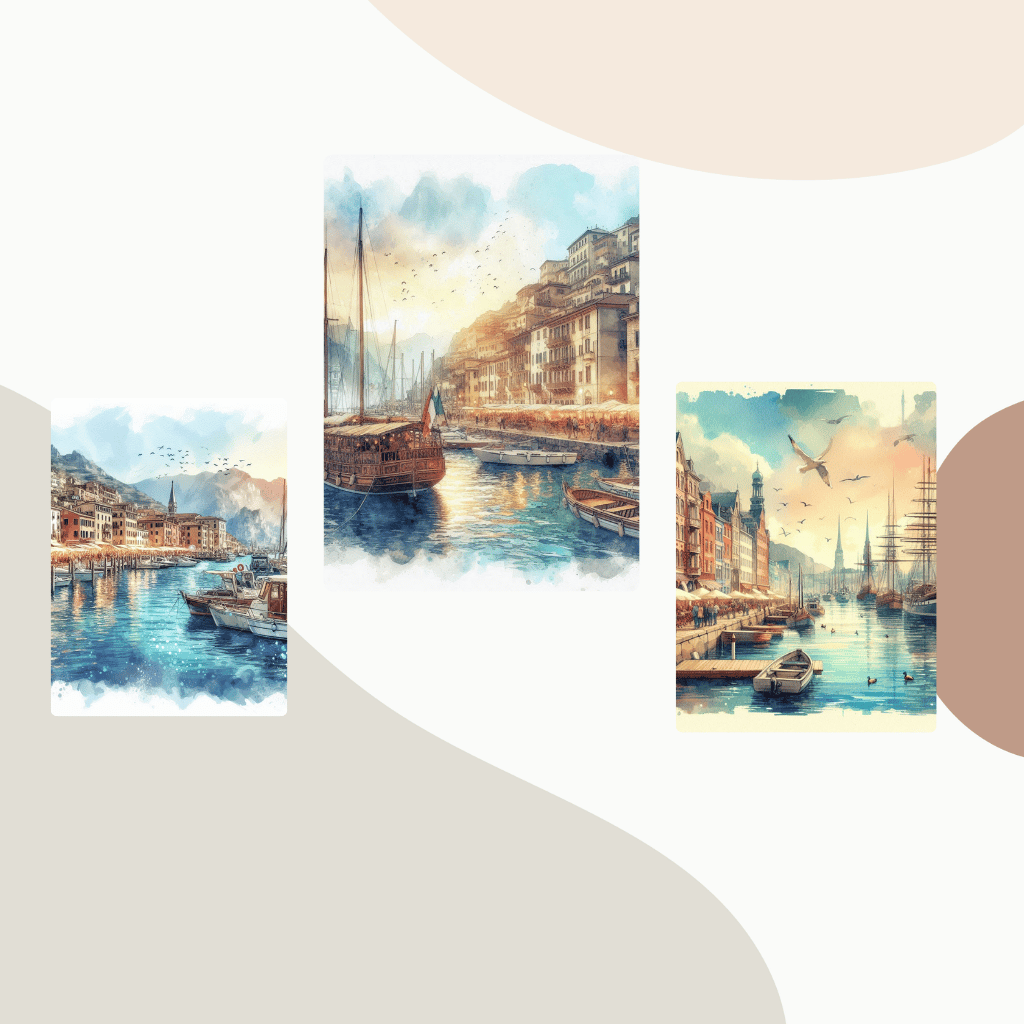 18th Century Port 19th Century Harbor Italian Port Watercolor Historic Ships Art Vintage Maritime Painting Mediterranean Seascape Old Italian Cityscape Watercolor Ships Illustration Nautical Wall Art Historical Seaport Print Classic Harbor Scene Antique M