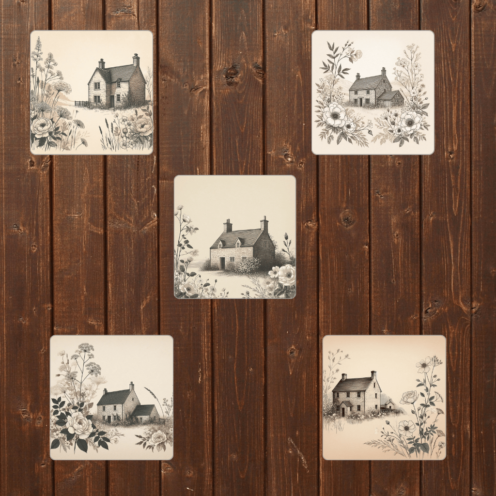 Hand-drawn farmhouse Rustic farm illustration Old-fashioned house art Vintage farm sketch Beige and brown artwork Country house drawing Nostalgic rural scene Farmhouse wall art Idyllic countryside illustration Earthy tone farm print Traditional farmhouse 