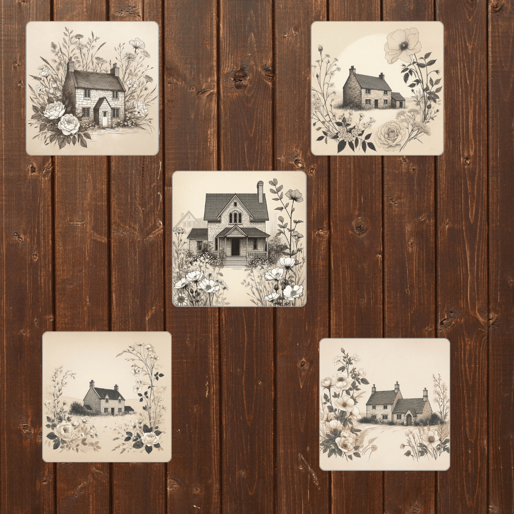 Hand-drawn farmhouse Rustic farm illustration Old-fashioned house art Vintage farm sketch Beige and brown artwork Country house drawing Nostalgic rural scene Farmhouse wall art Idyllic countryside illustration Earthy tone farm print Traditional farmhouse 