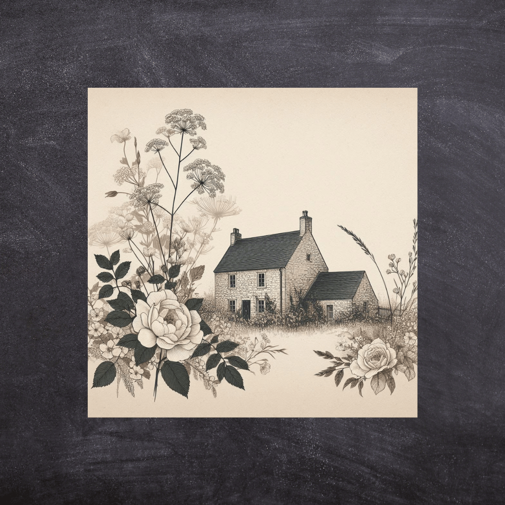 Hand-drawn farmhouse Rustic farm illustration Old-fashioned house art Vintage farm sketch Beige and brown artwork Country house drawing Nostalgic rural scene Farmhouse wall art Idyllic countryside illustration Earthy tone farm print Traditional farmhouse 