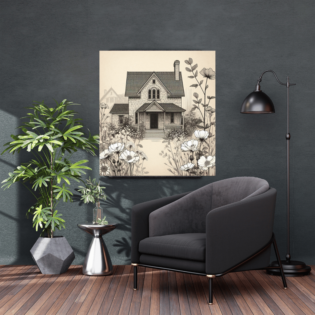 Hand-drawn farmhouse Rustic farm illustration Old-fashioned house art Vintage farm sketch Beige and brown artwork Country house drawing Nostalgic rural scene Farmhouse wall art Idyllic countryside illustration Earthy tone farm print Traditional farmhouse 