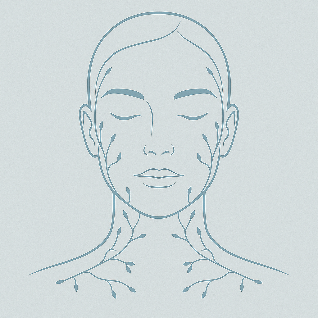 Ilustração do sistema linfático facial com estilo minimalista linha-a-linha