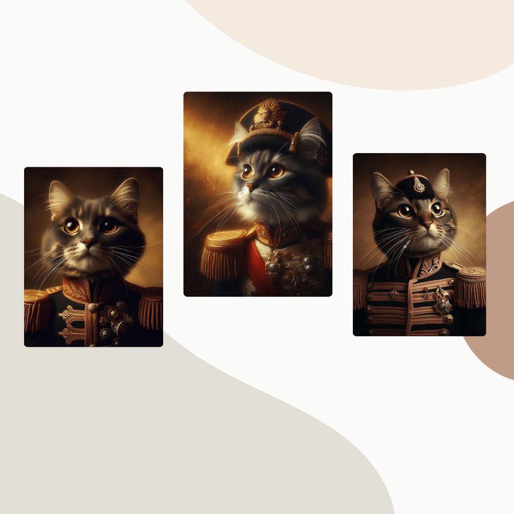 Novelty Animal Photography  Creative Cat Art  Amusing Pet Portrait  Distinctive Cat Decoration,Funny Cat in Military Uniform  Humorous Cat Portrait  Quirky Military Feline  Cat with Medals  Military-Themed Cat Photo  Playful Cat Soldier  Unique Cat Costum
