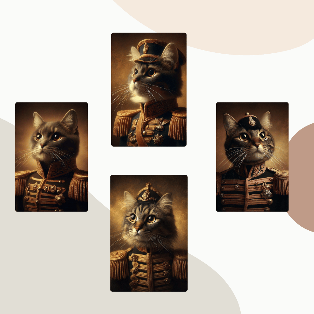 Novelty Animal Photography  Creative Cat Art  Amusing Pet Portrait  Distinctive Cat Decoration,Funny Cat in Military Uniform  Humorous Cat Portrait  Quirky Military Feline  Cat with Medals  Military-Themed Cat Photo  Playful Cat Soldier  Unique Cat Costum